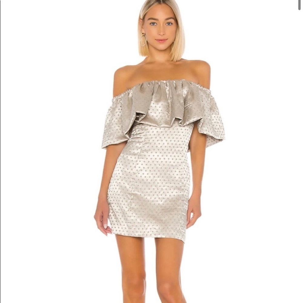 LPA‎ Stella Dusty Gold Polka Dot Off the Shoulder Ruffle Mini Dress